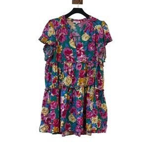 Umgee Women's Floral Tiered Ruffle V Neck Mini Dress Size Large